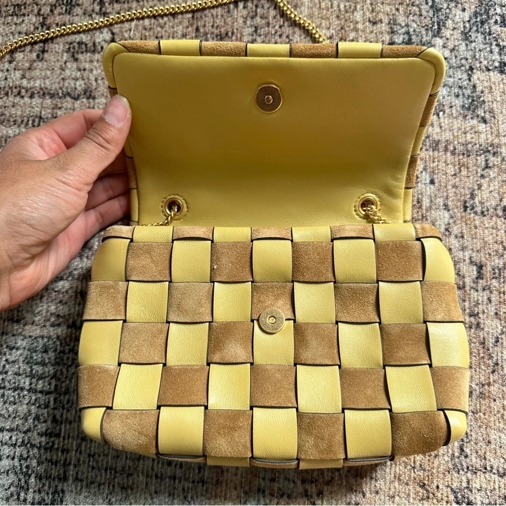Tory Burch Kira Woven Check Print Mustard Crossbody